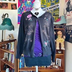 Floral Embroidered Black Cardigan